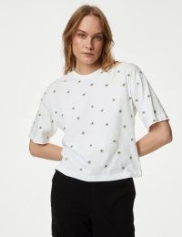 M&S COLLECTION Pure Cotton Embroidered T-Shirt in Green Mix / white floral tee
