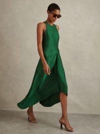 REISS MICAH SATIN DRAPE TUCK MIDI DRESS GREEN – silky sleeveless asymmetric dresses