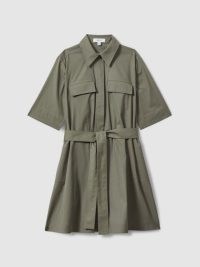 REISS MILLY PLEATED BELTED MINI DRESS in KHAKI ~ women’s chic green utility dresses
