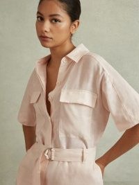REISS SELINA LINEN BELTED PLAYSUIT in PINK ~ chic utility playsuits