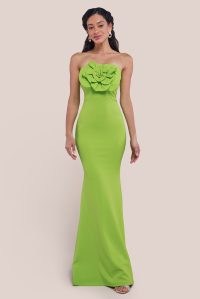 GODDIVA SCUBA CREPE BANDEAU ROSE MAXI DRESS in LIME – green strapless floral detail evening dresses – fitted occasion fashion