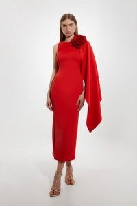 KAREN MILLEN Scuba Crepe Dramatic Rosette Woven Cape Midi Dress in Red ~ drape detail bodycon ~ fitted asymmetric occasion dresses