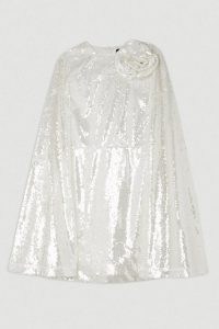 KAREN MILLEN Sequin Rosette Cape Mini Dress in Ivory ~ sequinned occasion dresses ~ party glamour