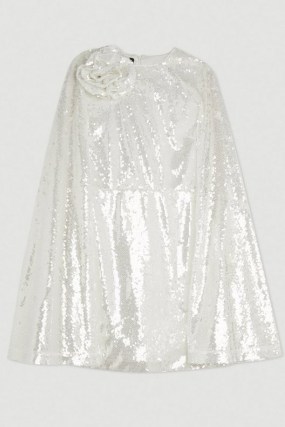 KAREN MILLEN Sequin Rosette Cape Mini Dress in Ivory ~ sequinned occasion dresses ~ party glamour - flipped