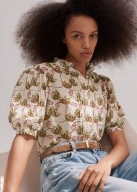 me and em Silk Cotton Summer Waterlily Print Blouse in Light Cream/Olive/Multi – floral puff sleeve fill neck blouses
