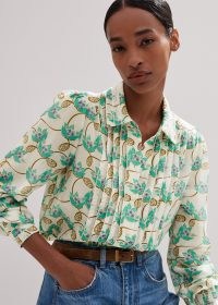 ME and EM Silk Cotton Waterlily Print Blouse in Light Cream / Menthol Green / Oatmeal – floral collared front pleated blouses