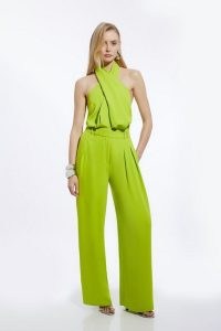 KAREN MILLEN Soft Tailored Halterneck Straight Leg Jumpsuit in Lime ~ citrus green evening jumpsuits