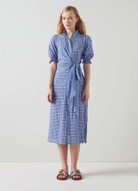 L.K. Bennett Soleil Blue Seersucker Check Cotton-Rich Dress – women’s checked summer midi shirt dresses