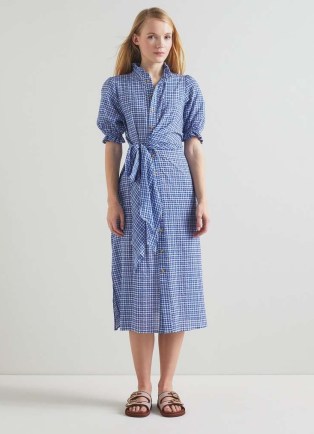 L.K. Bennett Soleil Blue Seersucker Check Cotton-Rich Dress – women’s checked summer midi shirt dresses - flipped