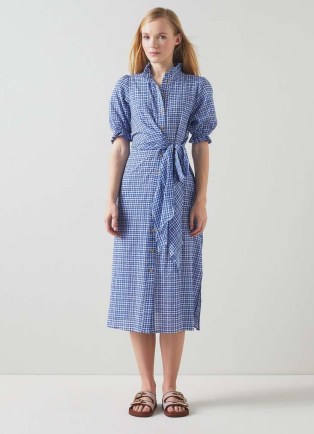 L.K. Bennett Soleil Blue Seersucker Check Cotton-Rich Dress – women’s checked summer midi shirt dresses