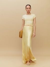 Reformation Bella Silk Skirt in Sunshine – slinky yellow maxi length slip skirts