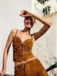 Reformation Fernanda Suede Top in Topanga Canyon ~ fitted tan brown front lace up shoulder strap tops