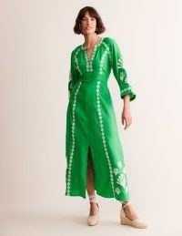 Boden Una Linen Embroidered Dress in Bright Green ~ long sleeve cinched waist kaftan style dresses ~ women’s summer holiday clothing
