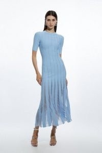 KAREN MILLEN Viscose Blend Filament Full Skirt Knit Midi Dress in Blue – semi sheer occasion dresses