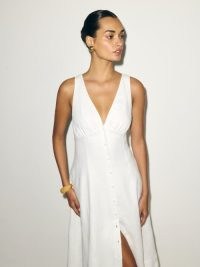 Reformation Sebastien Linen Dress Spring Things in White | sleeveless deep V-neckline summer dresses