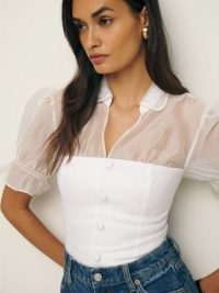 Reformation Avianna Linen Top in White – fitted semi sheer collared tops – women’s luxe fashion