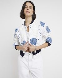 RIVER ISLAND White Embroidered Cropped Bomber Jacket – cotton floral crop hem jackets