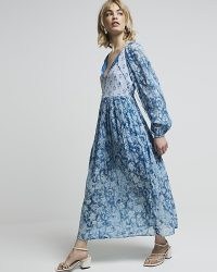 RIVER ISLAND Blue Floral Glitter Detail Smock Maxi Dress / boho summer fashion