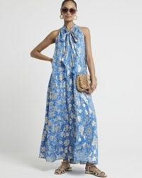 RIVER ISLAND Blue Floral Glitter Shift Maxi Dress / metallic summer dresses