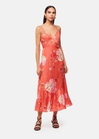 WHISTLES Hibiscus Print Raffa Dress in Coral/Multi / strappy orange floral silk blend dresses / summer event fashion