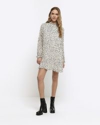 RIVER ISLAND Cream Plisse Leopard Print Shift Mini Dress / long sleeve high neck animal print dresses