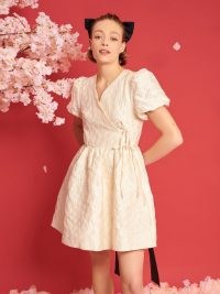 sister jane Lilith Jacquard Wrap Dress in Whipped Cream – puff sleeve wrap style mini dresses – DREAM A TALE OF BLOSSOMS
