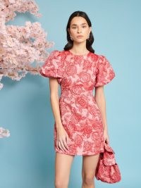 sister jane Grace Jacquard Mini Dress in Rose Red – floral puff sleeve mini dresses – A TALE OF BLOSSOMS – romantic style fashion