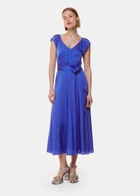WHISTLES Arie Hammered Satin Midi Dress in Cobalt Blue / silky summer occasion dresses