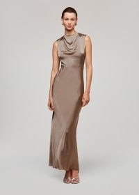 WHISTLES Cowl Neck Satin Maxi Dress in Pewter / chic evening occasionwear / silky sleeveless high drape neck occasion dresses / sophisticated party clothes