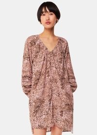 WHISTLES Animal Swirl Cocoon Dress in Pink/Multi / long sleeve relaxed fit dip hem dresses