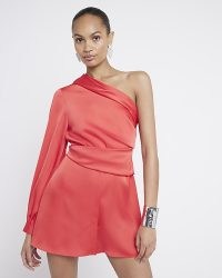 RIVER ISLAND Red One Shoulder Asymmetric Playsuit – one sleeve playsuits
