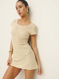 Reformation Cassie Open Knit Mini Dress in Sugar | short sleeve semi sheer knitted mini dresses