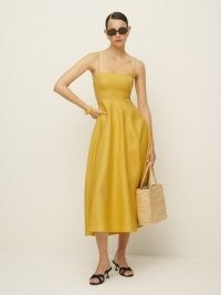 Reformation Monette Linen Dress in Sunflower – strappy yellow fit and flare summer midi dresses