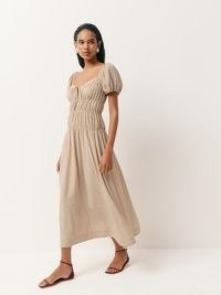 Reformation Rhett Dress in Tan Check ~ women’s checked puff sleeve summer dresses