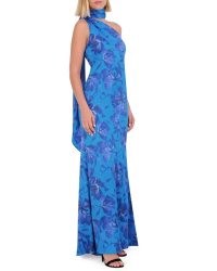 Vince Camuto Printed Satin Scarf-Neck Gown in Cobalt Multi | one shoulder maxi party dresses | blue floral asymmetric neckline occasion gowns