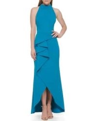 Vince Camuto Ruffled Mock-Neck Gown in Teal | sleeveless high neck ruffle detail occasion gowns | sophisticated party clothing | evening event maxi dresses